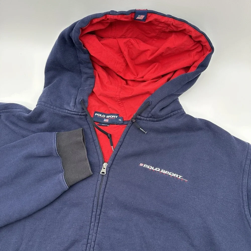 Vtg 90s Polo Sport Ralph Lauren Zip Up Hoodie XXL Navy Red Nylon Hooded Jacket